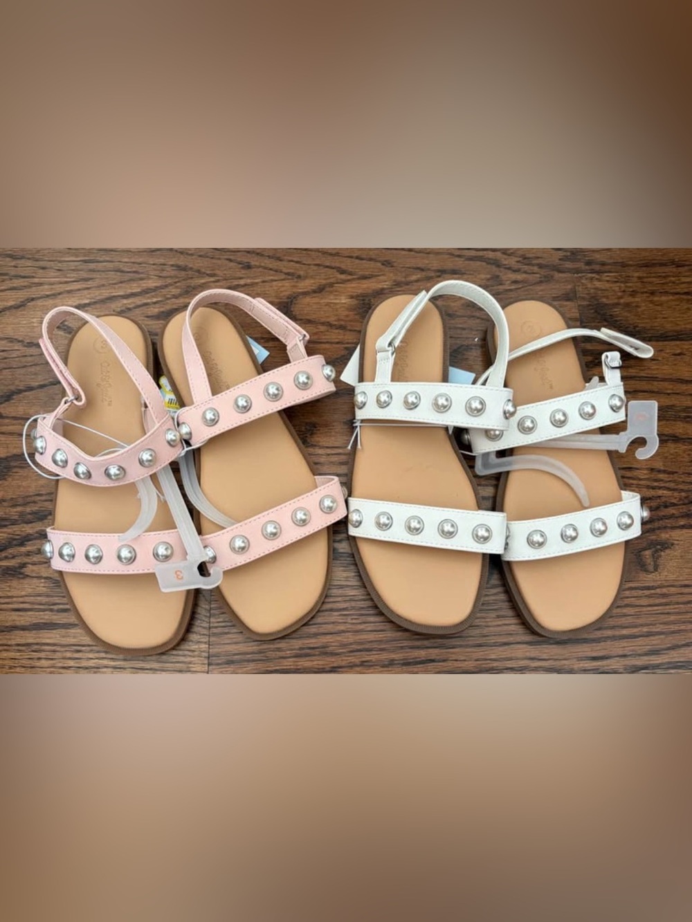 Kids Studded Double-Strap Sandals - Pink & White
